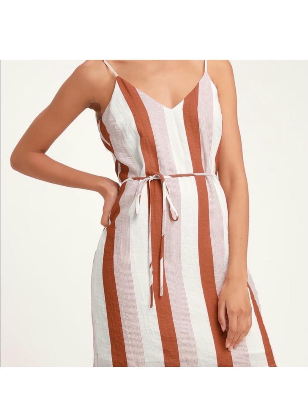 Lulu's Dress “ Life’s A Breeze” White and Rust Striped V-Neck Slip Dress Shealth